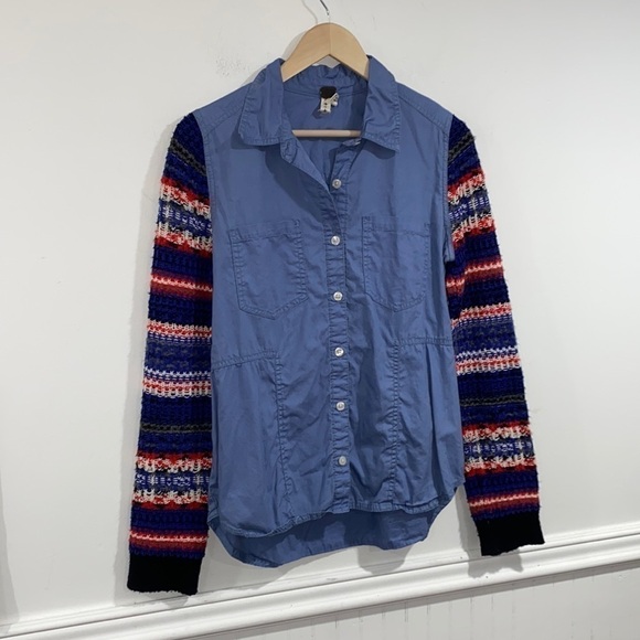 Free People shacket shirt sweater knit sleeve small fair isle chambray - Picture 4 of 9